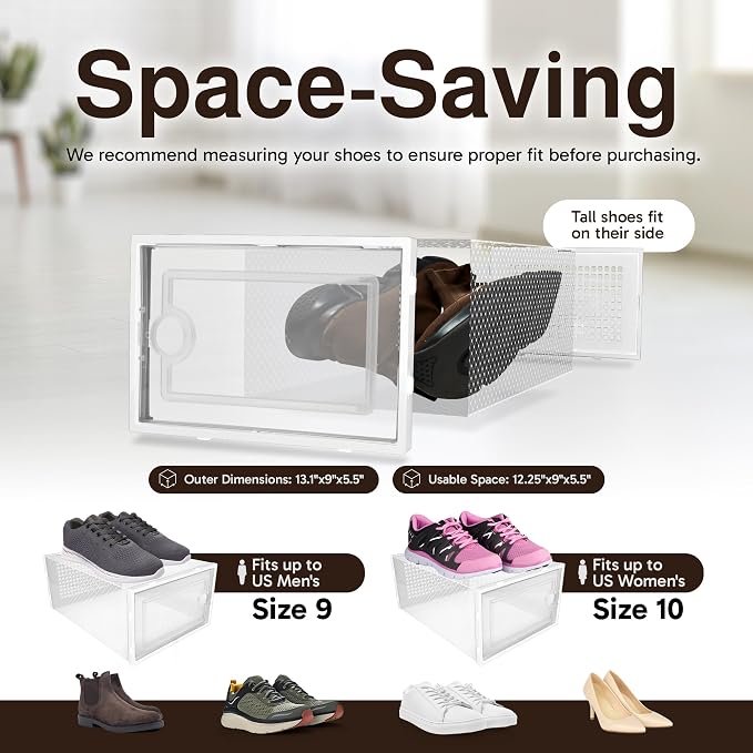 Reli. Shoe Boxes (14 Pack) | Clear Shoe Storage Boxes Stackable and Compact | Lightweight Plastic Storage Box with Ventilation Holes, Swing Door | Interlocking Containers, Stackable Rack | White