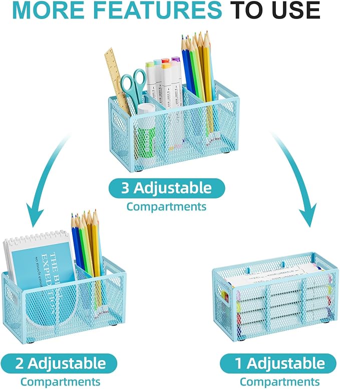 Marbrasse Mesh Pen Holder for Desk,Pencil Holder Desk Organizer 3 Adjustable Compartments,Pencil Cup with Handle Perfect for Classroom, Office, Home,Makeup,Art (Blue)