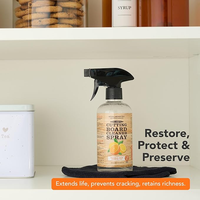 CLARK'S Natural Cutting Board Spray Cleaner, with Microfiber Cloth, for Wood Countertop – Pure Ingredients Filtered Water, Distilled Vinegar, Castile Soap, Lemon & Orange Citrus Oil Extracts, 12oz
