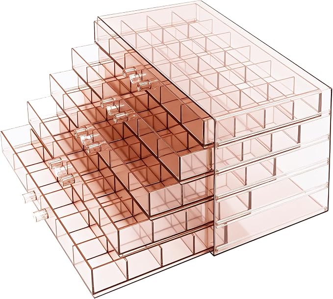 Clear Pink Acrylic Jewelry Storage Box, Earring Jewelry Organizer with 5 Drawers, 5-Layer Jewelry Box for Women, Earring Display Holder for Earrings Ring Bracelet Necklace, 120 Grid Storage Box