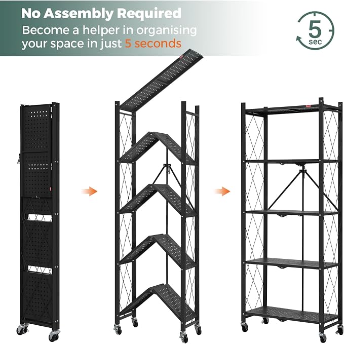 DEANIC 5-Shelf Folding Bookcase with Wheels, Heavy Duty Storage Shelves, Freestanding Metal Wire Shelving Unit for Living Room, Office, Kitchen, Basement, Pantry(Black 2 Pack)