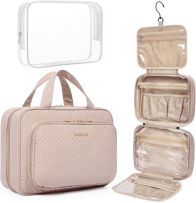 BAGSMART Toiletry Bag Hanging Travel Makeup Organizer with TSA Approved Transparent Cosmetic Bag Makeup Bag for Full Sized Toiletries, Medium-Pink