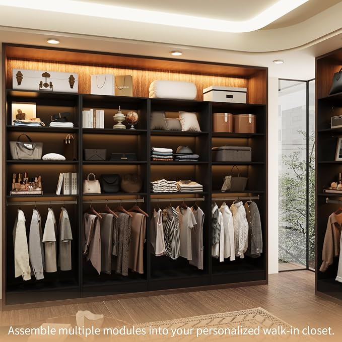 VOWNER 25'' Closet Organizer System Small Freestanding Closet System | 6 Adjustable Shelves, 2 Hanging Rod, Black Modular Closet System for Small Closet, Space-Saving, Easy Assembly