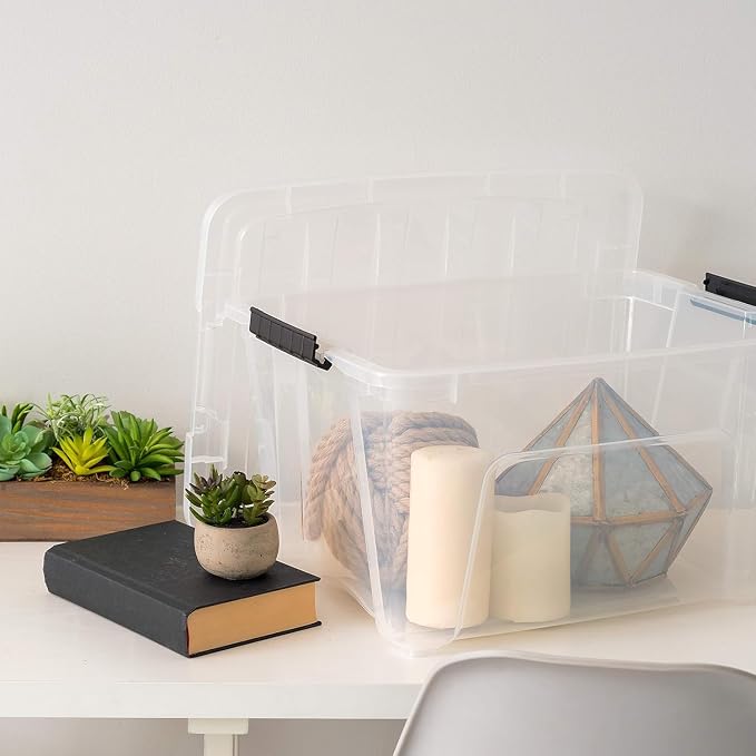 IRIS USA 32 Qt Stackable Plastic Storage Bins with Lids, 4 Pack - BPA-Free, Made in USA - See-Through Organizing Solution, Latches, Durable Nestable Containers, Secure Pull Handle - Clear