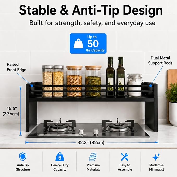 Ekisemio 32.5" Wooden Spice Rack Shelf for Kitchen Stove, Black | Solid wood top | Steel side tubes | 50 lb capacity | Raised front edge | Easy assemble | Wipe clean