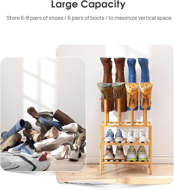 viewcare Small Boot Rack with Shoe Rack, Boot Rack Organizer Tall Boots for Closet, Bamboo Wood Shoe Shelf Storage Organizer for Entryway Small Space