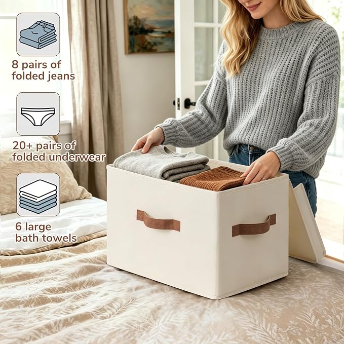 CHICVITA 4-Pack Closet Storage Organizer, Small Storage Bins with Lids, Closet Bins with Handles for Underbed, Ivory