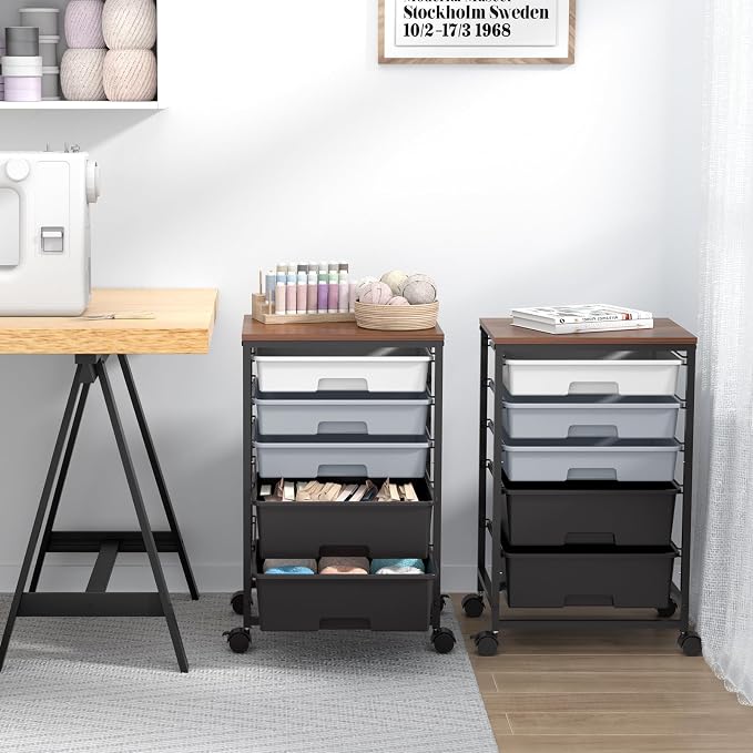 SYKIARIOL Utility Cart with 5 Drawers,Storage Drawer Cart with Wooden Tabletop and Lockable Wheels,Craft Storage Trolley Cart,5-Tier Rolling Utility Cart on Wheels,Dark Grey