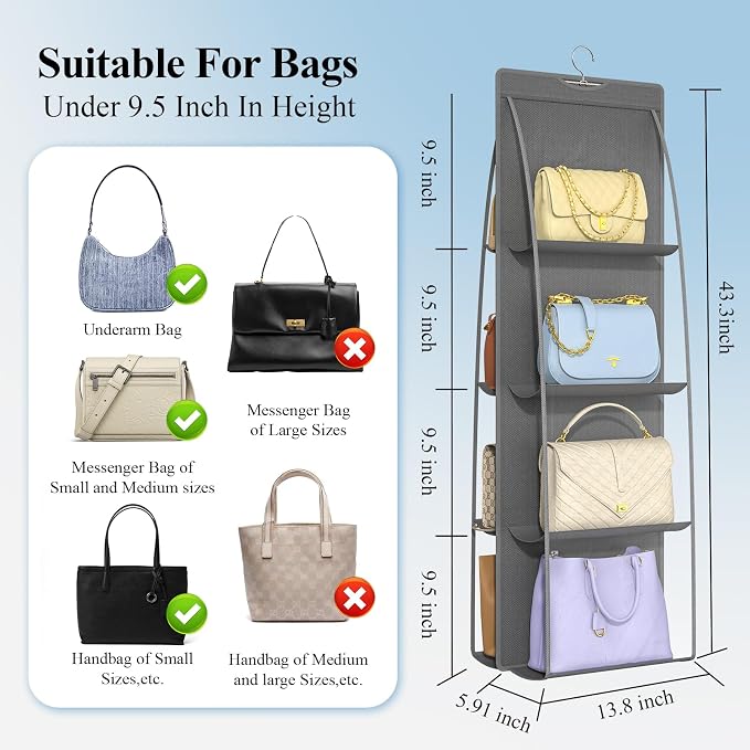 1 Packs 8 Pockets Grey Handbag Hanging Purse Organizer for Closet, Purse Storage, Purse Hanger and Handbag Organizer for Space Saving
