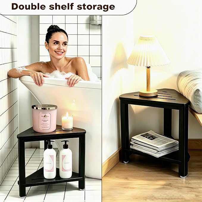 IBosins Corner Shower Stool with Storage Shelf Shower Foot Rest for Shaving Legs Small Bench for Inside Shower to Sit on Bath Seat - Acacia Wood, Black