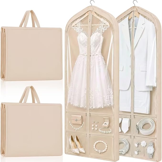 Tranqun 2 Pack 65" Long Wedding Garment Bags for Gowns 4" Gusseted Clear Dress Travel Bag for Hanging Clothes Foldable Wedding Dress Cover with 4 Zipper Pockets for Closet Storage and Travel (Khaki)