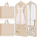 Tranqun 2 Pack 65" Long Wedding Garment Bags for Gowns 4" Gusseted Clear Dress Travel Bag for Hanging Clothes Foldable Wedding Dress Cover with 4 Zipper Pockets for Closet Storage and Travel (Khaki)