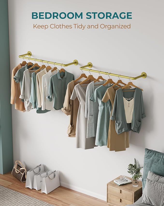 OROPY 38.4" Industrial Pipe Clothes Rack Wall Mounted, Heavy Duty, 2 Pack | Heavy Duty Iron Pipe Clothing Garment Rail, Multi-Purpose Clothing Hanging Rod for Laundry Room and Closet Storage, Gold