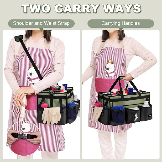 Large Cleaning Caddy Bag with Built-In Support Board, Cleaning Tote Organizer with Removable Divider, Supply Carryall with Adjustable Shoulder Strap and Waist Belt for Cleaners & Housekeeper