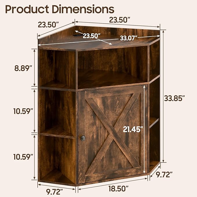 Halitaa Corner Storage Cabinet, Farmhouse Corner Bookshelf with Storage 6-Cubby Wooden Cabinet with USB Ports and Outlets Industrial Organizer for Small Space, Study, Playroom, Living Room