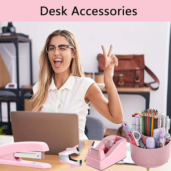 Office Supplies,Desk Accessories,with Stapler, Tape Dispenser,Desk Organizer,Folding Phone Holder,Pen,Journal Notebook,Scissor,Staple Remover,Staples,Clear Tape,Sticky Notes,Paper Clips,Bookmark,Ect