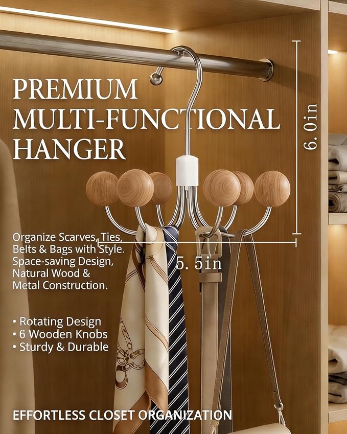 2 Pack Hoodie Hangers 360° Swivel Hooks with Wood Balls, Natural Wood | Hanging Closet Hat Purse Tanktop Handbag Necklace Organizer Bra Hanger and Storage Save Space