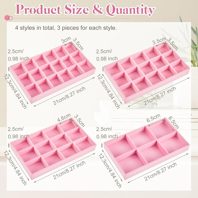 Junkin 12 Pcs Jewelry Tray Velvet Stackable Jewelry Organizer Trays Divided Earring Accessories Storage Containers Box (Rose Red)