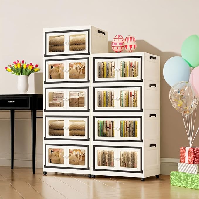 SunSettler Large Collapsible Plastic Storage Bins with Lid, Stackable Cabinets with Wheels, Folding Storage Cabinets, Stackable Closet Organizers for Home and Office