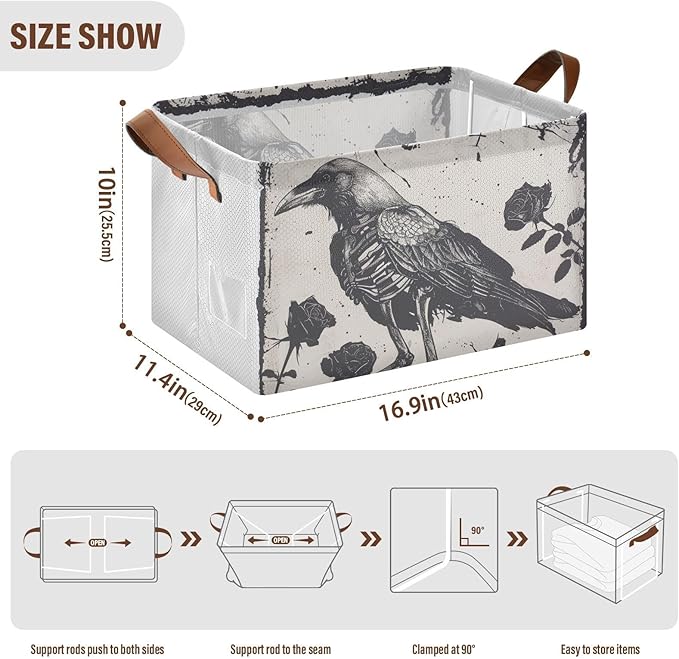 Gothic Skeleton Crow Roses Storage Bins for Shelves with Labels&Handles Fabric Organizer Bin Foldable Rectangle Storage Basket Boxes for Closet, Bathroom, Home, Living Room, 2 Pack