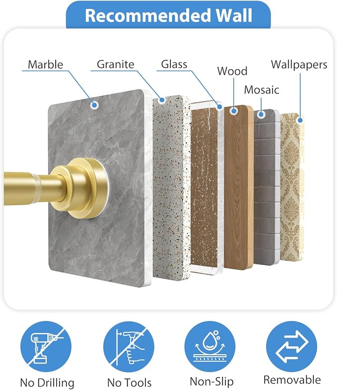 2Pack Tension Curtain Rod 30-63 Inch Gold Spring Curtain Rod No Drilling Adjustable Curtain Rod for Windows Expandable Curtains Rods Tension Rods for Bathroom,Closets,Doorway,kitchen