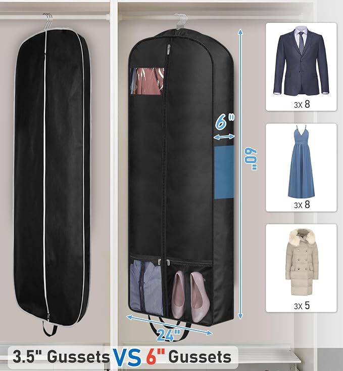 MISSLO 60" Garment Bags for Travel 6" Gusseted Dress Bags for Gowns Long 4 Handles Hanging Clothes Travel Bag with Pocket for Gowns, Suits, Coats