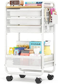 Metal Rolling Storage Cart with 3 Drawers - Utility Cart on Wheels with Pegboard & Wood Tabletop, Multifunctional Trolley Organizer with Hooks & Bin for Living Room,Bedroom,Craft Room,Office,Kids Room