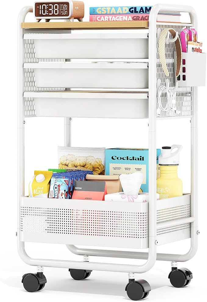 Metal Rolling Storage Cart with 3 Drawers - Utility Cart on Wheels with Pegboard & Wood Tabletop, Multifunctional Trolley Organizer with Hooks & Bin for Living Room,Bedroom,Craft Room,Office,Kids Room