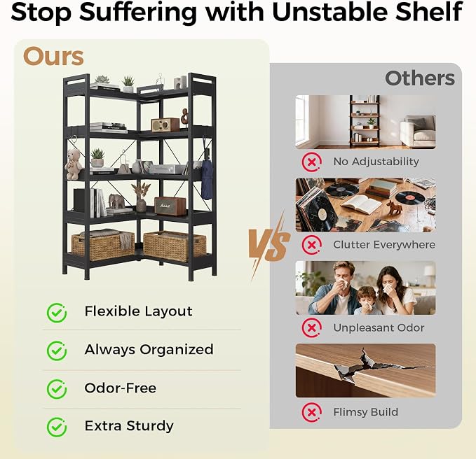 GTPLAYER 5-Tier Corner Bookshelf, L-Shaped Metal Frame Shelf with Tall 14" Shelves, Plant Stand and Storage Rack for Small Spaces, Living Room and Home Office, Black
