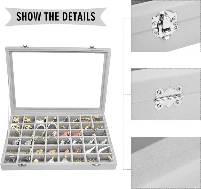 Siveit Velvet Jewelry Tray 48 Grid Jewelry Display Tray Organizer Box with Transparent Lid Rings Earrings Necklaces Pendants Display Box Suitable for Women and Girls (Grey)
