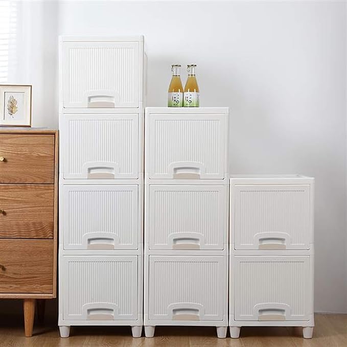 Slim Narrow Storage Drawers Organizer for Gadgets Peripherals, Dresser Storage Tower Plastic Organizer Unit Freestanding for Closet Entryway Hallway Nursery Room (4-Drawers), White