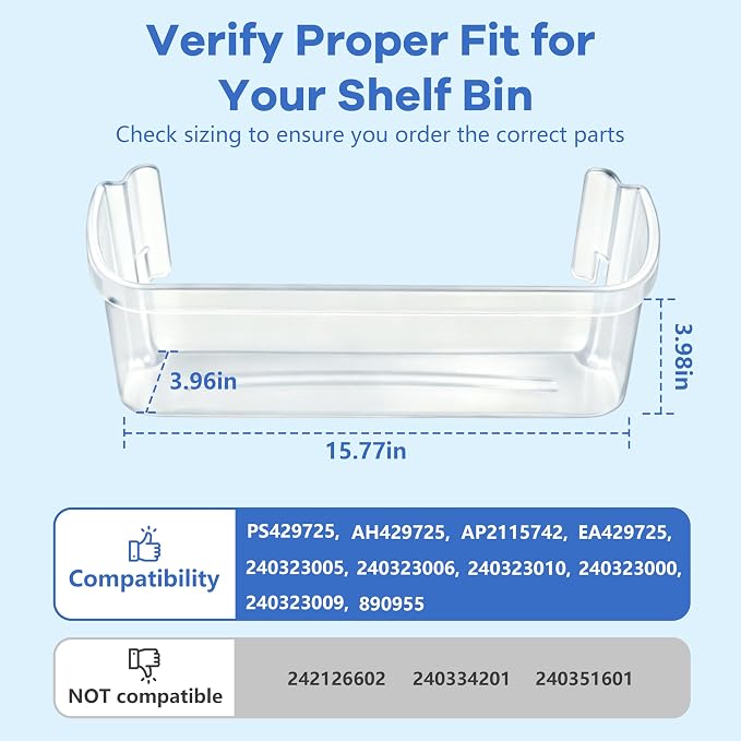 240323002 Refrigerator Door Bin Shelf Compatible with Frigidaire & Kenmore, Bottom 2 Shelves on Refrigerator Side, Single Unit, Clear, Replaces PS429725, AH429725, AP2115742