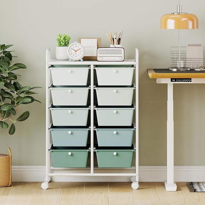 RELAX4LIFE Rolling Storage Cart with 10 Drawers - Craft Storage Cart w/Lockable Wheels, Utility Cart, Art Cart Organizer for School Studio Office Home, Utility Cart on Wheels (Gradient Green)