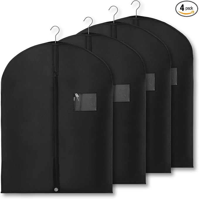 4-Pack Breathable Garment Bags for Hanging Clothes – Dust-Proof Suit & Dress Covers with Clear Window – Waterproof, Foldable Closet Storage Organizer for Coats, Gowns, and Jackets (Black, 32")