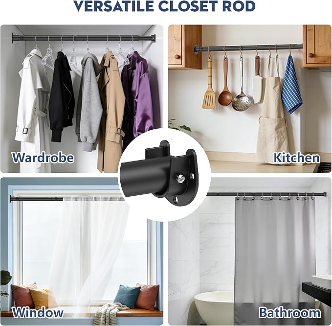 Heavy Duty Closet Rod, Adjustable 17-74 in, 1.3" Diameter | Black, Metal, Suitable for Wardrobes, Bathrooms, Laundry Room, RV