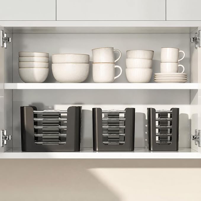 Food Container Lid Organizer for Rubbermaid Brilliance Lids, 3 Pcs Lid Organizers for Cabinet, Holds 24 Snap-On Lids, Stackable Kitchen Cabinet Organizer for 0.5, 1.3, 3.2 & 4.7 Cup Lid, Black