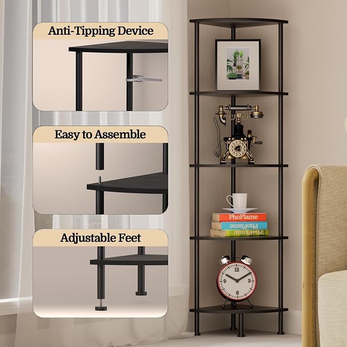 5-Tier Corner Shelf Stand, 52" Industrial Corner Display Rack for Living Room, Bookshelf, Tall Display Shelf, Plant Stand, Storage Standing Shelf for Bedroom, Bathroom, Kitchen, Black