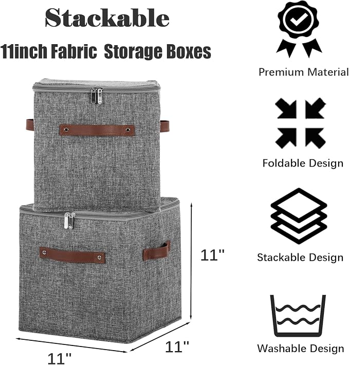 11inch Storage Boxes Cubes with Zipper Lid Collapsible Fabric Lidded Storage Bins Baskets PU Leather Handle Cotton Linen Decorative Shelf Closet Organizer Container (Gray, 1PCS)