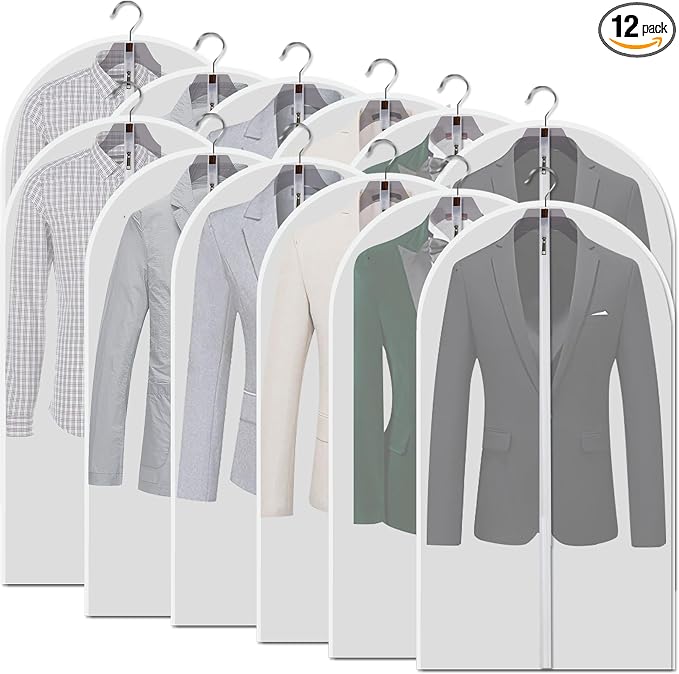 Hanging Garment Bags 12 Piece Set - 40 Inch Translucent Dust Proof Clothes Bag White Breathable Full Zipper Dust Cover for SuitTops Shirts Sports Jackets.