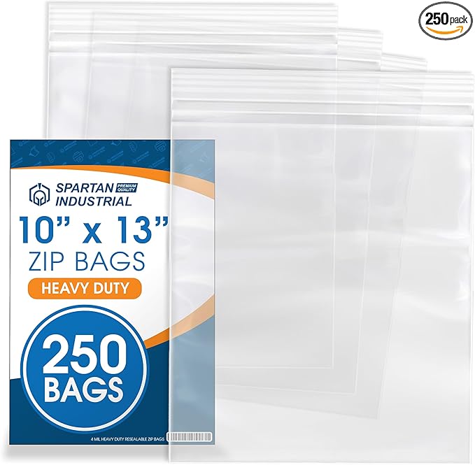 Spartan Industrial - 10” X 13” (250 Count) 4 Mil Thick Bulk Clear Reclosable Zip Plastic Poly Bags with Resealable Lock Seal Zipper - Heavy Duty and Durable