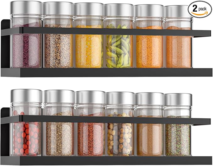 VANPET Magnetic Spice Rack for Refrigerator, Magnetic Fridge Shelf for Kitchen Spice Organizer, Spice Rack Wall Mount, Fridge Organizers and Storage (2, Black)