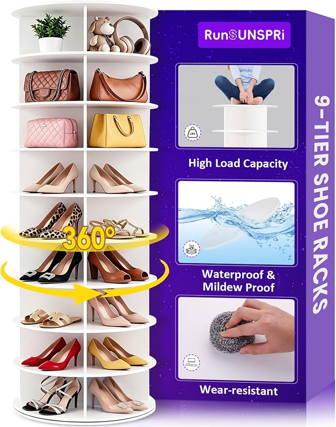RUNSUNSPRI 9 Tier Rotating Shoe Rack Corner Organizer 360°Rotating Shoe Rack Tower Spinning Shoe Rack Tower for Bedroom Entryway Closet Holds 28-32 Pairs of Shoes Handbags Hats Display Decor