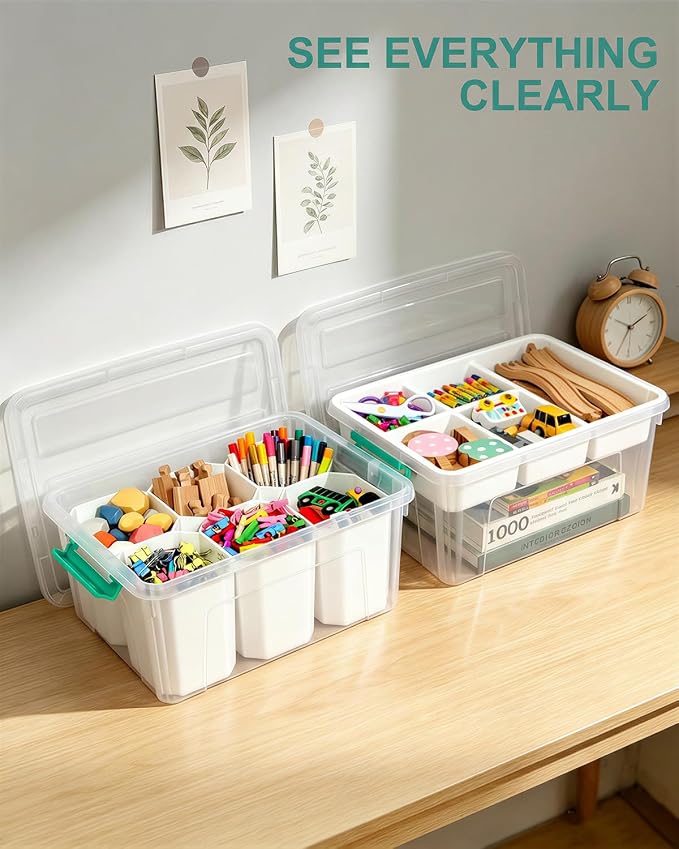 EOENVIVS Clear Stackable Storage Organizer Box with Dividers, Multi-Functional Container for Building Blocks, Toys, Crafts and Tools