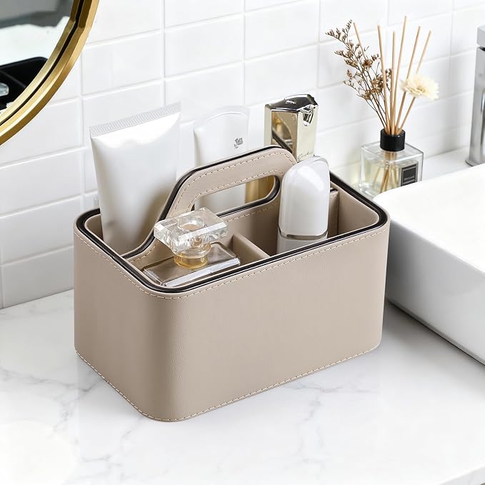 PU Leather Remote Control Holder, Desk Caddy Organizer with Handle Beige | 3 Compartments Portable Remote Organizer, Remote Caddy Bedside Holder for Office Storage Supply Organizer