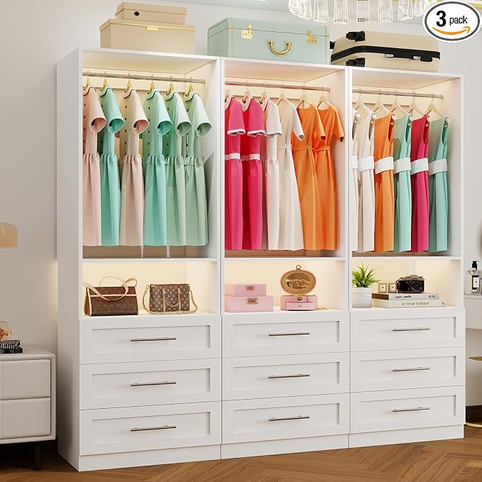 Closet System with 9 Drawers, 6-15FT Closet Systems for Walk in Closets with 6 Expandable Rods & 3 Shelves, Wood Custom Modular Closet Organizer Storage System Shelving Kit, 3 Sets, White