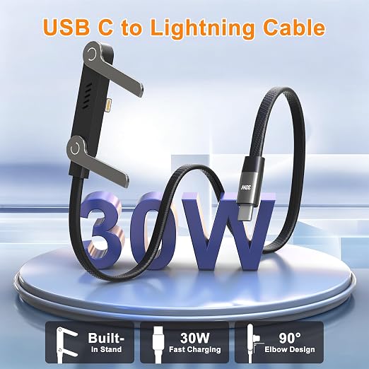 2-in-1 Invisible Holder Charger Cable, 30W PD Fast Charging Sideways Cord with Built-in Phone Stand, 90 Degree USB-C to Lightning Cable for iPhone 14/13/12/11/X/XR, iPad (2Pack)