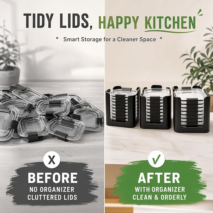 Food Container Lid Organizer for Rubbermaid Brilliance – 3-Piece Set, Holds Up to 24 Lids (Fits 4.7, 3.2, 1.3 & 0.5 Cup Containers), Snap-On Lid Storage for Kitchen Cabinet, Black