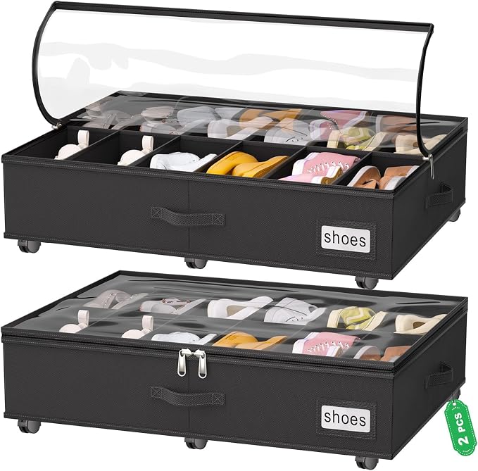 homyfort Under Bed Shoe Storage with Wheels, Fits 24 Pairs, Rolling Shoe Organizer with Bottom Support & Clear Lids, Sturdy Under Bed Storage Box for Shoes, Set of 2, Black