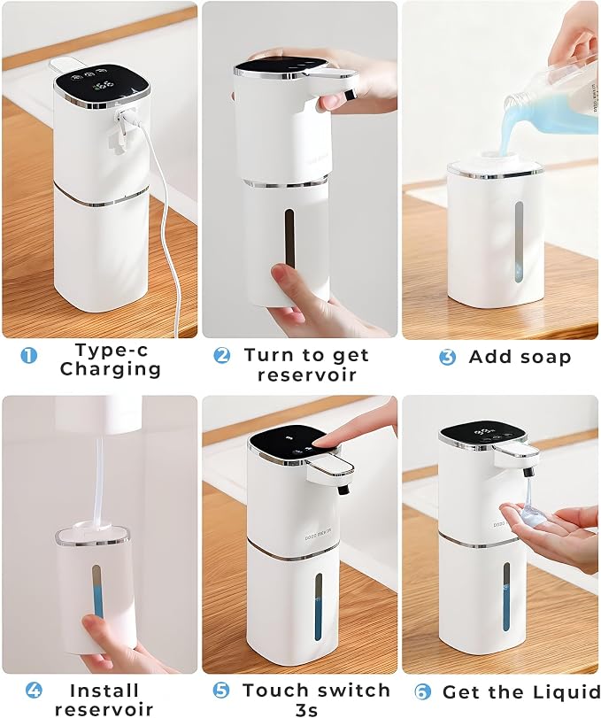 Automatic Soap Dispenser Touchless,USB Rechargeable, 9-Level Adjustable | 13.5oz/400mL, IPX5 Waterproof, Wall/Tabletop, Compatible with Thick Thin Dish Soap for Kitchen Bathroom, White
