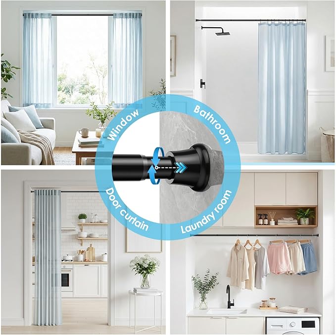 2Pcs Tension Curtain Rod 31 To 63 Inch Black Shower Curtain Rod No Drilling Adjustable Spring Loaded Curtain Rods 7/8"Diameter Shower Rods For Bathroom Windows Bedroom Closet Doorway Door